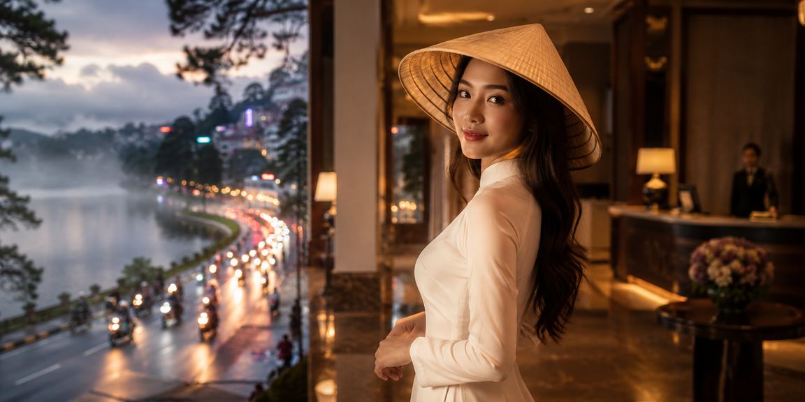 Phụ nữ đội nón lá tại Đà Lạt sử dụng điện thoại để nạp tiền vào tài khoản 99ok1