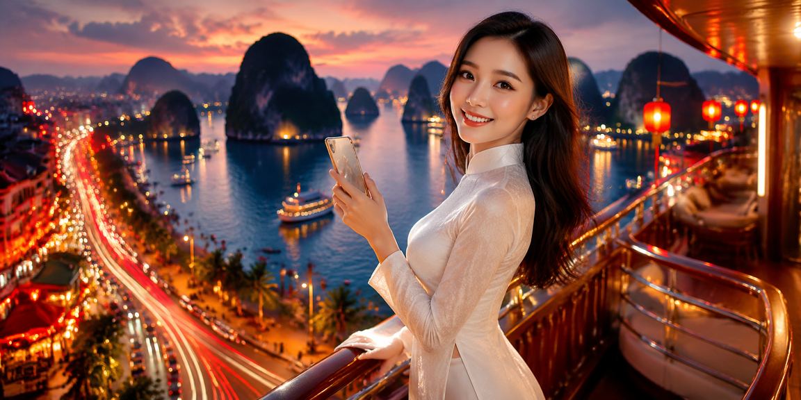 Người dùng mặc áo dài tại vịnh Hạ Long xem phân tích và casino trên di động